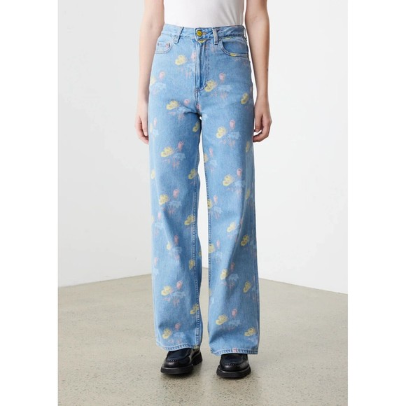 Ganni Denim - GANNI Floral Print Denim Core Magny Wide Straight Jeans Bleach Light Blue 25